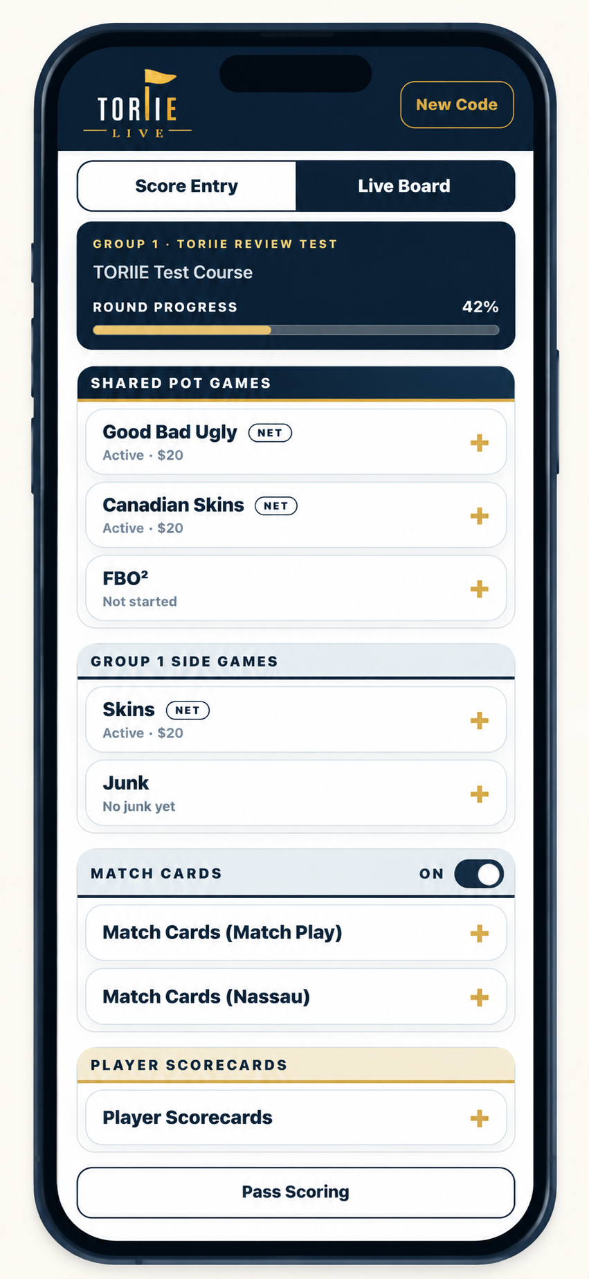 TORIIE Live Board showing round progress, Shared Pot games, side games, match cards and player scorecards